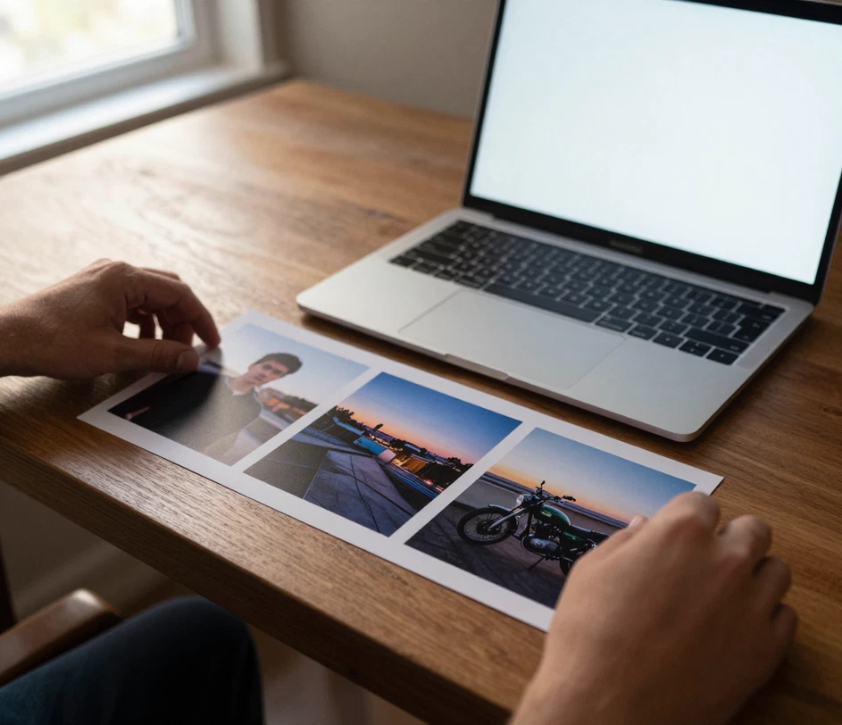 Hands arranging printed reference photos of an actor and a rooftop location beside a laptop on a studio desk in warm morning light