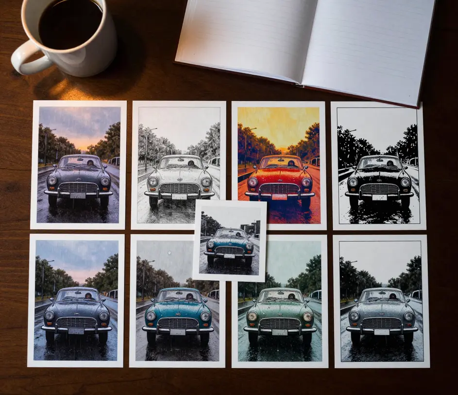 Style and framing cards of the same rain-soaked car scene laid out across a studio table above a script page, the chosen cinematic medium-shot card lifted forward