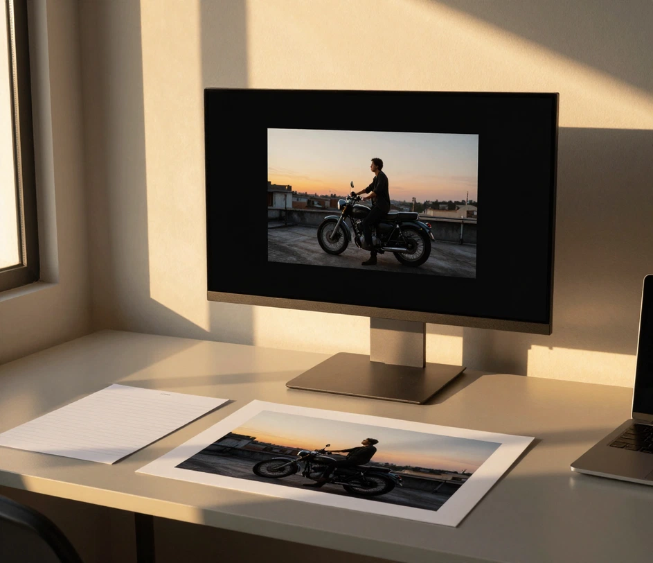 A finished cinematic storyboard frame on a monitor at golden hour beside a printed copy on the desk, ready for a pre-production handout