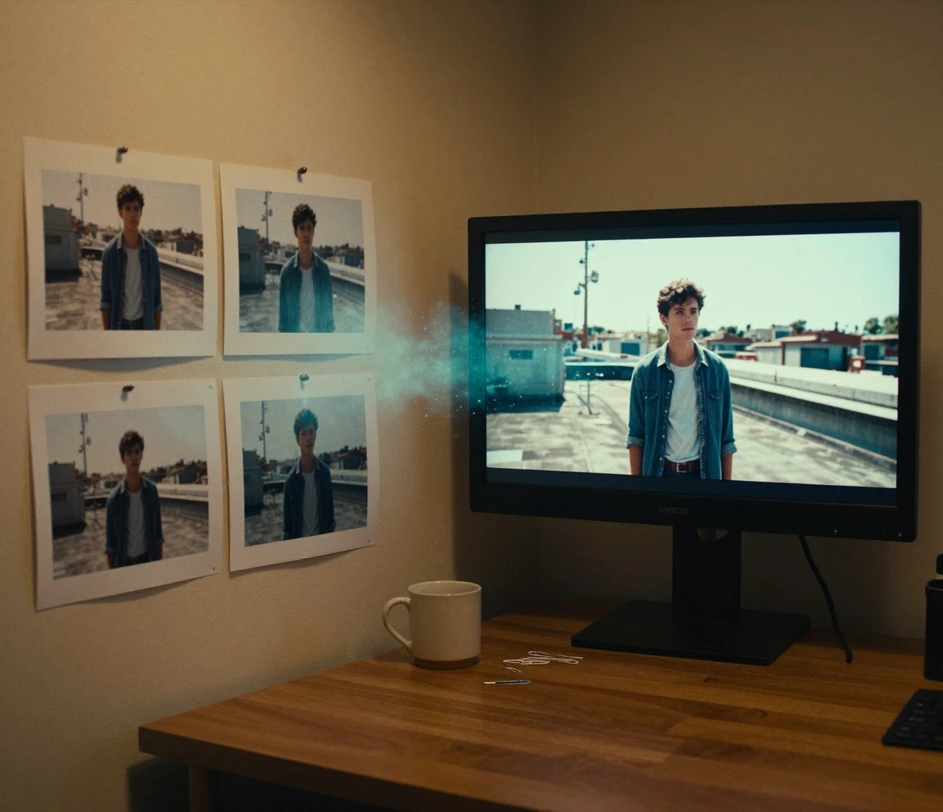 A three-stage studio strip: reference photos pinned to a board, a director's hand sketching shot notes beside a monitor, and the finished cinematic storyboard frame glowing on screen