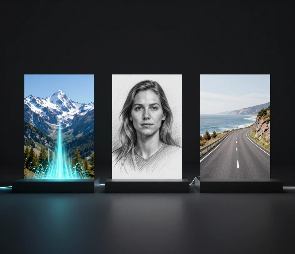 Three tool cards fanned out on a director's desk — a landscape generated from a text prompt, a photograph redrawn as a pencil sketch, and a scene restyled from sketch to cinematic still — each previewing a different Arui creative tool