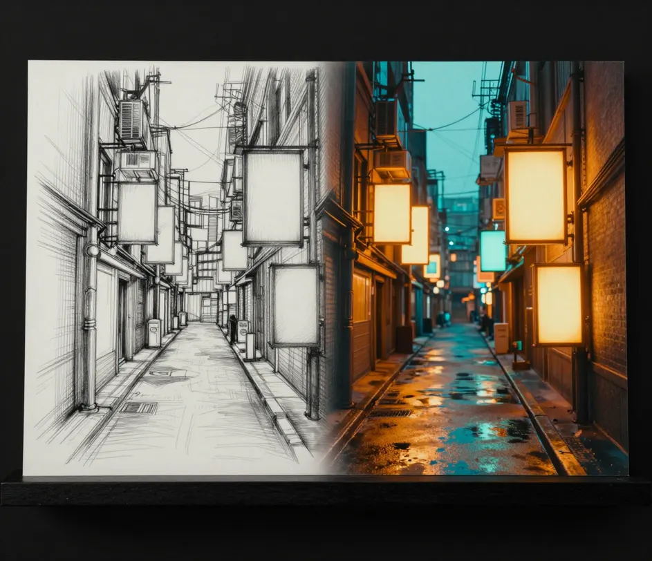 Storyboard panel being restyled from a rough sketch to a polished cinematic scene using AI style transfer