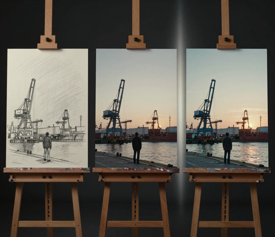 The same scripted scene rendered as three storyboard frames side by side, progressing from a quick pencil draft to a detailed cinematic frame to a production-grade 3K pre-visualization