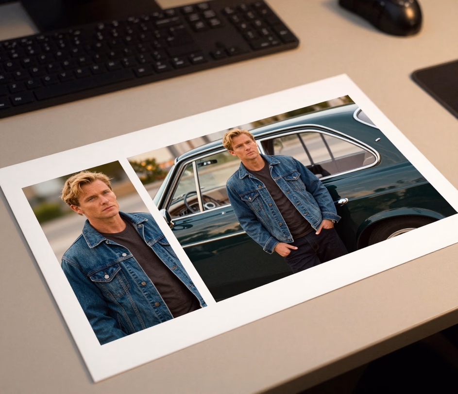 A detail-rich cinematic storyboard frame of a blond actor leaning on the same dark-green vintage car from his reference photos, identity and product kept consistent at 2K quality