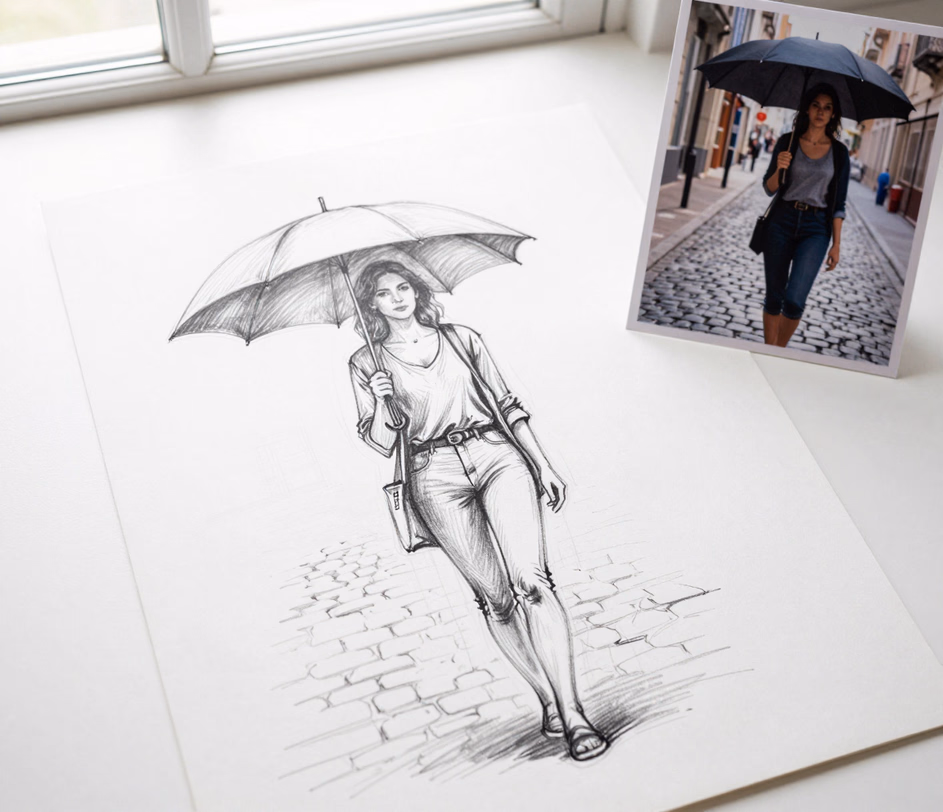 A quick storyboard pencil sketch of a single scene at 1024 px, drafted from one reference photo in about ten seconds