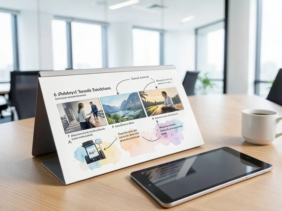 A client pitch deck displaying a 6-panel storyboard for a brand campaign in watercolor style with annotated camera directions and scene descriptions