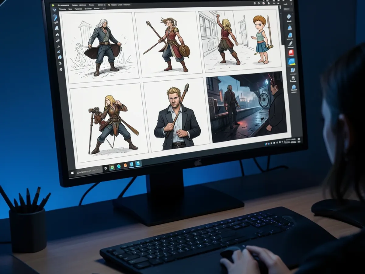An animated film storyboard showing character key poses and camera movements across 8 panels in cinematic still style with dutch tilt and over-the-shoulder compositions