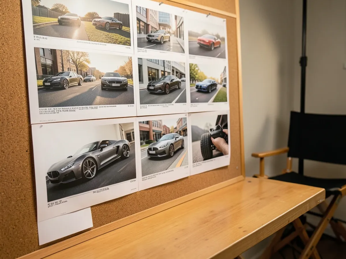 A 12-panel storyboard sequence for a car commercial showing varied camera angles from wide establishing shots to close-up product details at 1920 × 1080 resolution