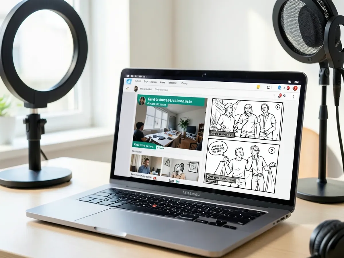 A social media video storyboard displaying scene transitions with overlay text prompts and thumbnail layout guides in comic line art style