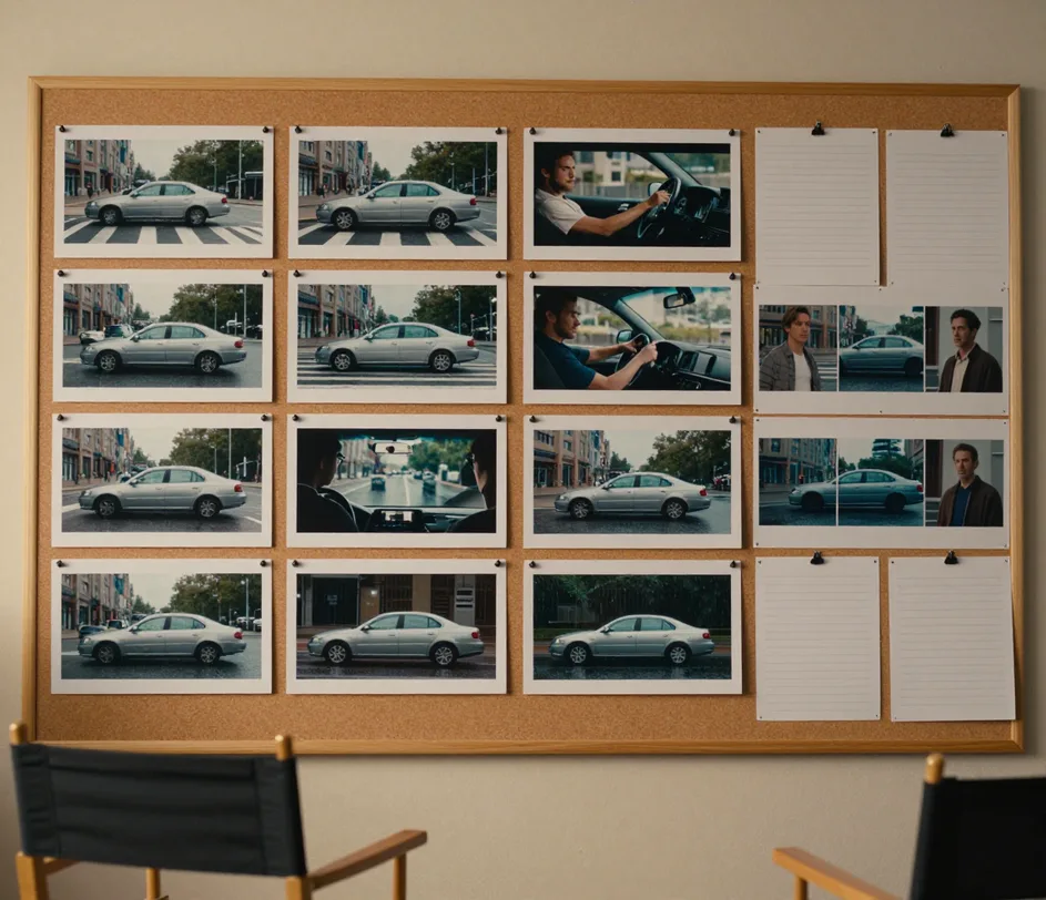 A pre-production wall covered with storyboard frames of one commercial, pinned beside the script pages and reference photos used to generate them