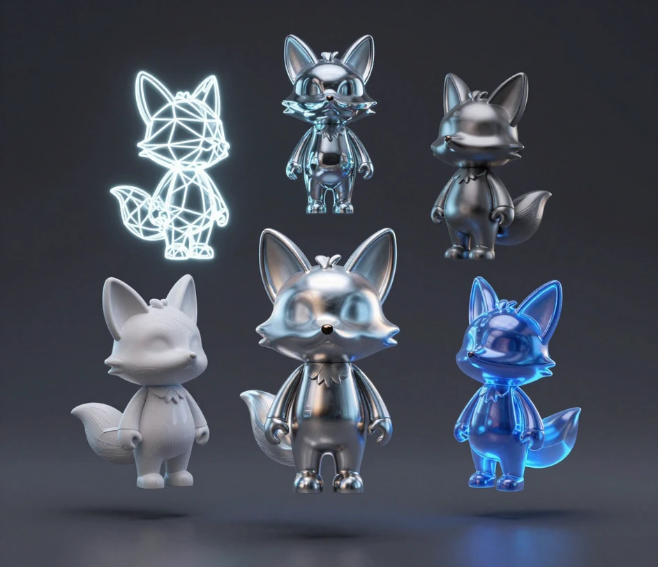 Ikony exportných formátov GLB, OBJ, FBX, STL a USDZ spolu s kompatibilným softvérom vrátane Unity, Unreal Engine, Blenderu a slicerov pre 3D tlač