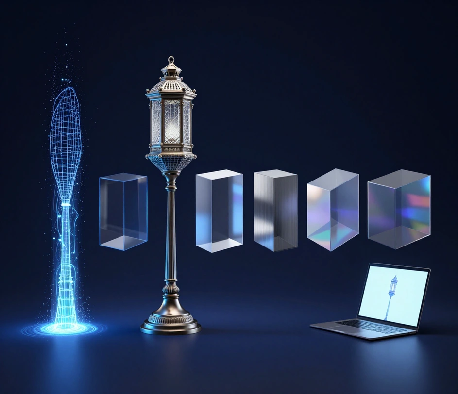 Prehľad možností nástroja na tvorbu 3D modelov z textu – zadávanie promptu v bežnom jazyku, vygenerované textúrované siete, ikony piatich exportných formátov a real-time 3D náhľad v prehliadači – zjednotené čistým technickým dizajnom