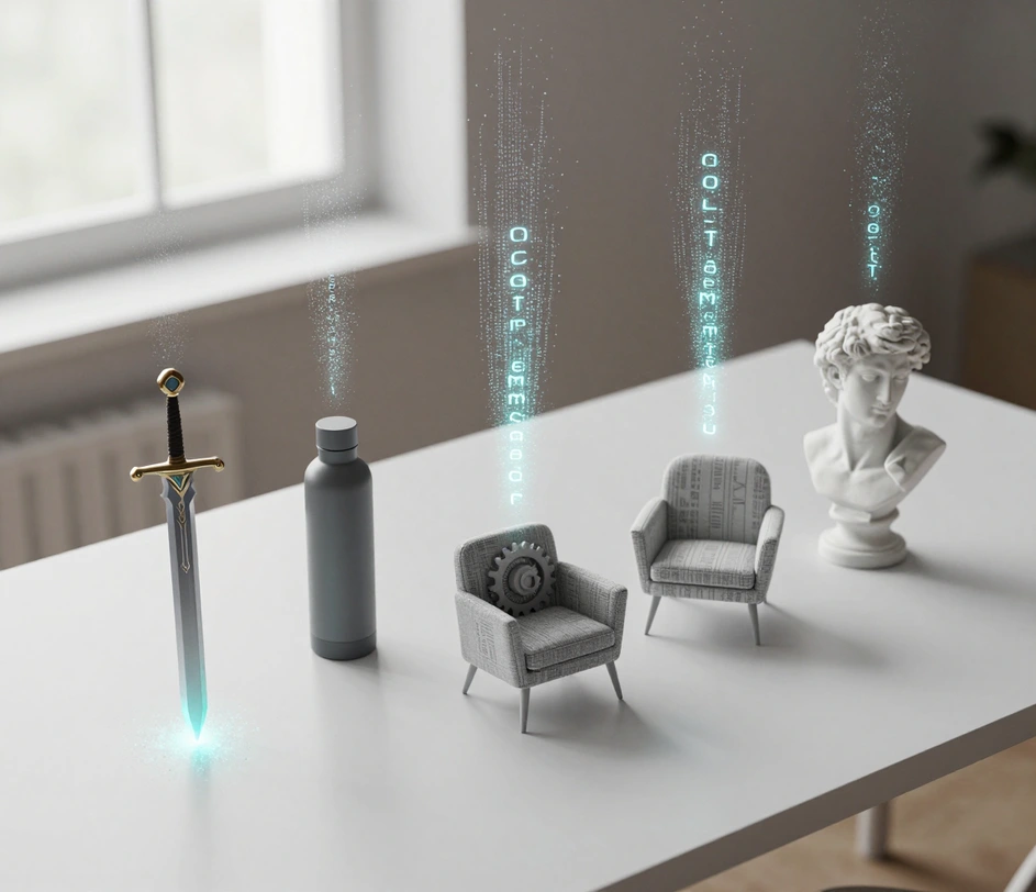 Filmová vizuálna ilustrácia zachytávajúca tvorcov, ktorí používajú AI generovanie 3D modelov z textu v piatich scenároch – tvorba herných assetov, e-commerce vizualizácia, 3D tlač, architektonické koncepty a vzdelávanie – v čistom technickom štýle