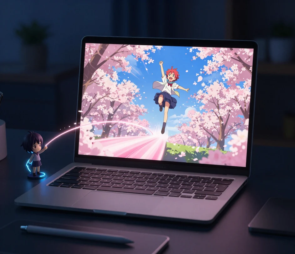 Kohtauskuvaus kirjoitettuna tekoäly teksti animaatioksi -generaattoriin, kun viiden sekunnin anime-tyylinen 720p-leike äänellä toistuu viereisellä esikatselunäytöllä