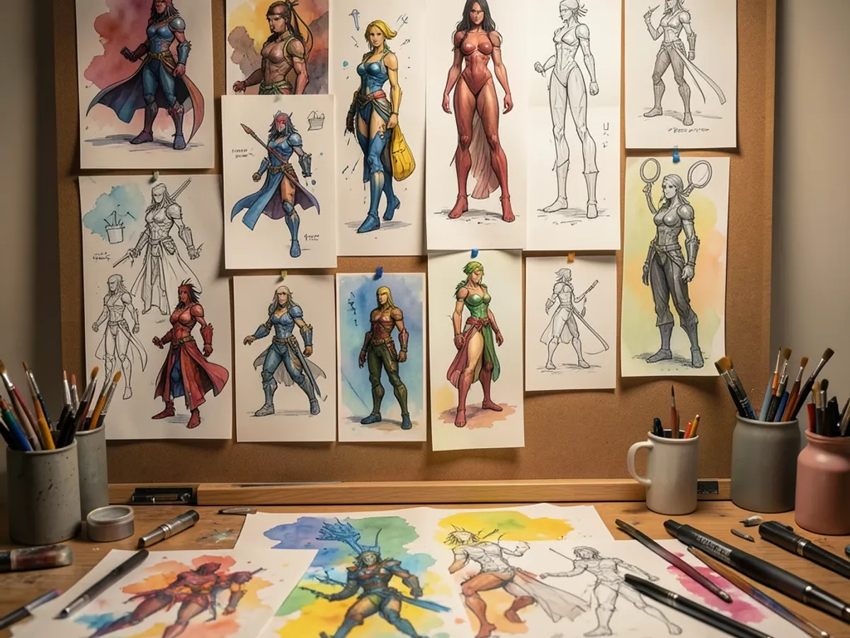 AI-generated fantasy concept art showing a detailed character design with multiple style variations