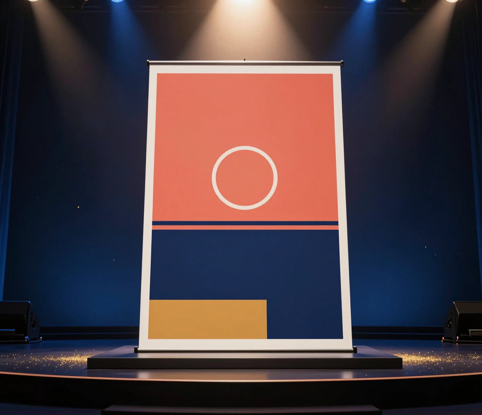 Une affiche géométrique achevée dévoilée sur un présentoir sous un projecteur chaleureux et dramatique, sur une scène bleu foncé