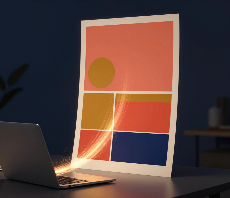 Un ruban de lumière ambrée s'écoulant d'un ordinateur portable et formant dans les airs une affiche marketing géométrique achevée, composée d'une plaque de couleur corail, d'un médaillon circulaire et de fins filets
