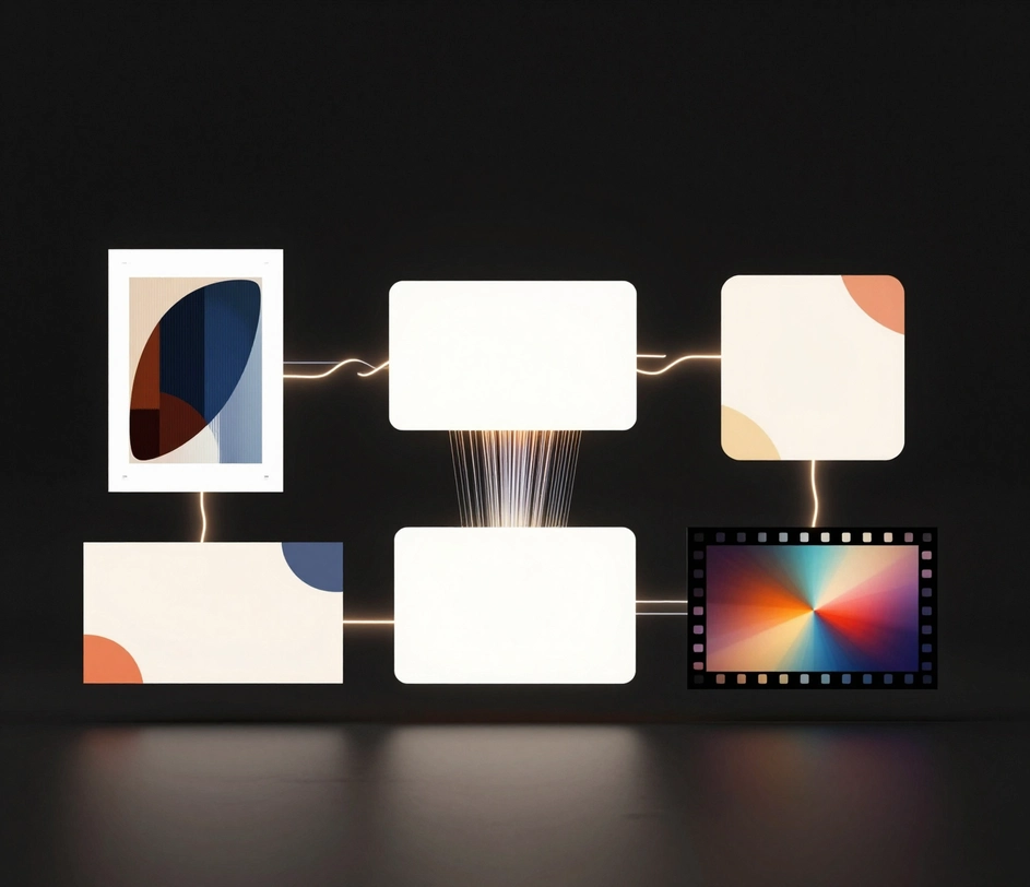Une galerie en studio sombre de modules d'outils créatifs reliés — un tirage d'affiche encadré, des cartes d'images lumineuses et une pellicule — connectés par de fins traits de lumière