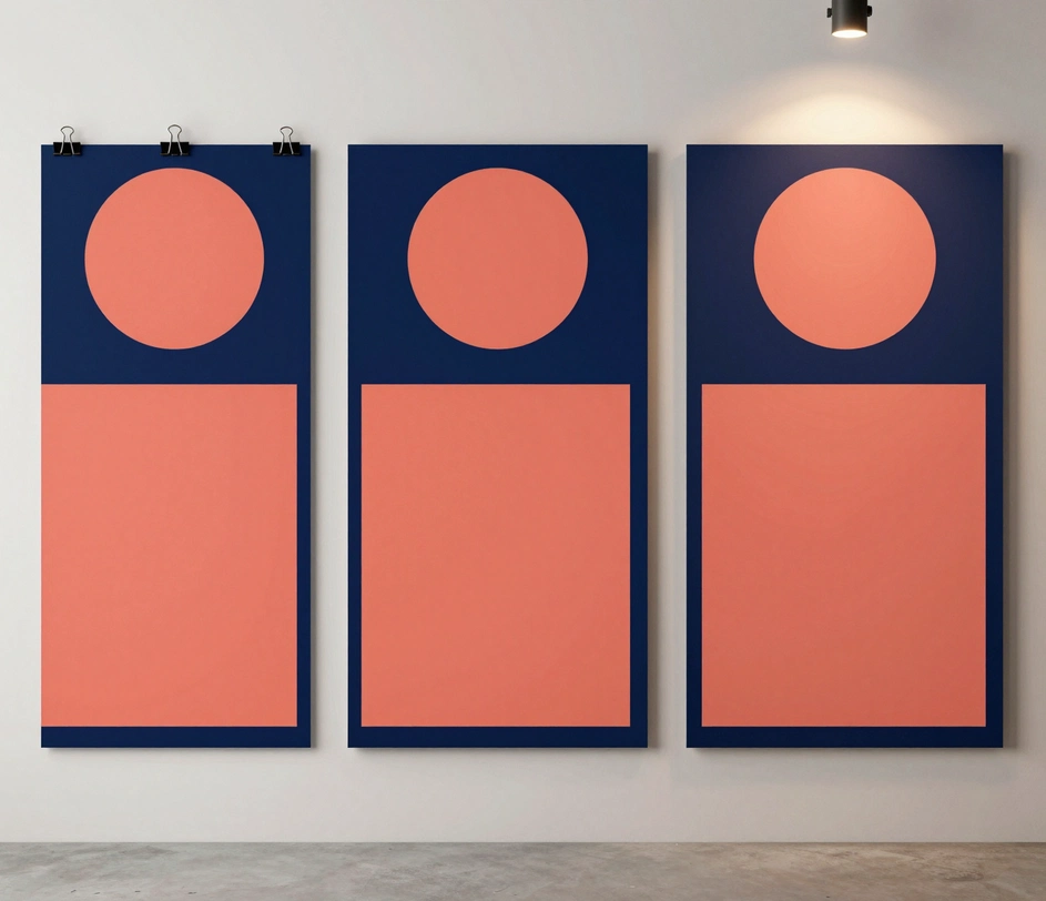 Une même affiche promotionnelle géométrique à trois niveaux de finition — un brouillon simplement fixé, un tirage studio encadré aux couleurs plus nettes et un tirage de galerie de qualité impression sous projecteur