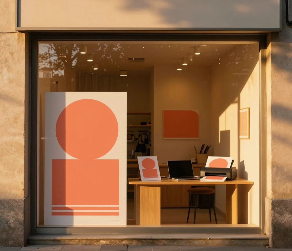 Une vitrine de boutique à l'heure dorée avec une carte promotionnelle géométrique fraîchement imprimée en devanture et un espace de travail sur le comptoir imprimant la suivante