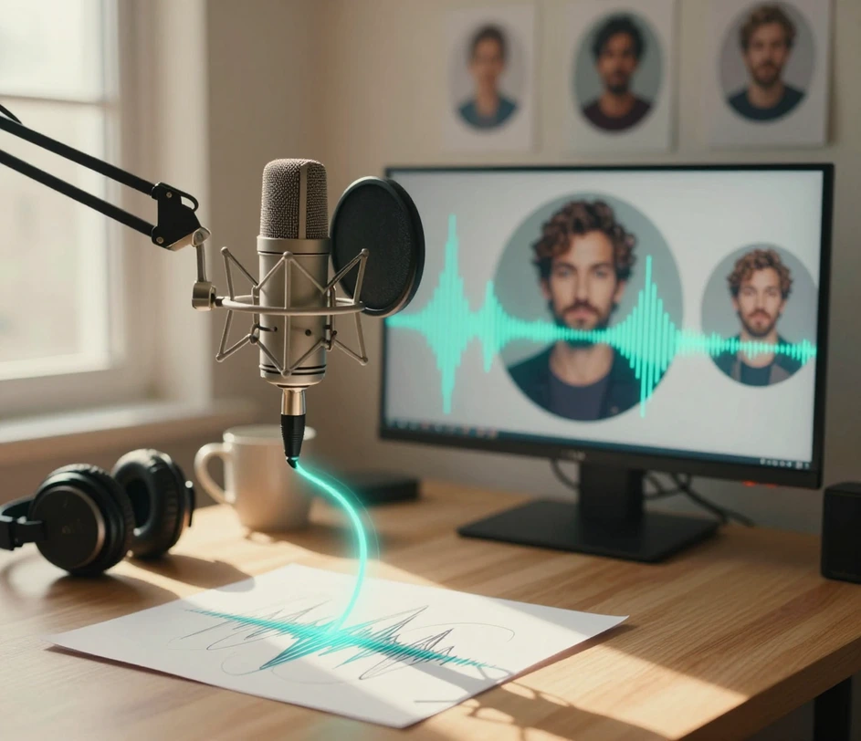 منصة تسجيل بودكاست مع ميكروفون وحاسوب محمول يعرض نص مقدمة من دقيقتين محولًا إلى مقطع صوتي