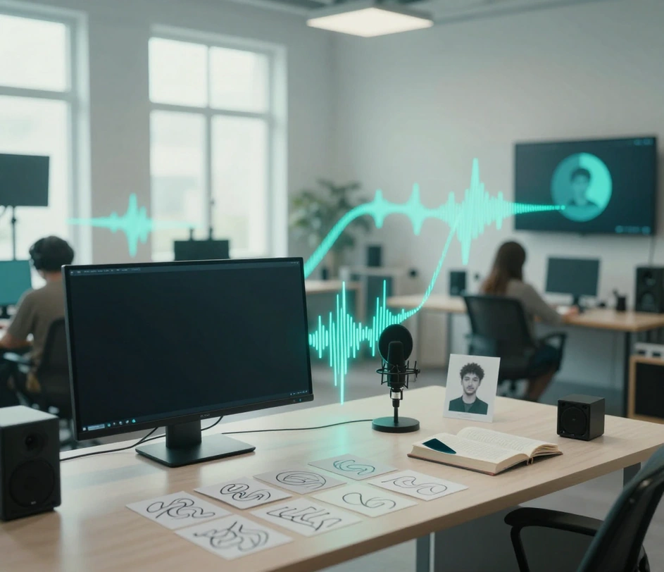 جدار قصة مصورة يربط نصوص الفيديو وملاحظات البودكاست وشرائح الدروس بمقاطع صوتية جاهزة على شكل موجات