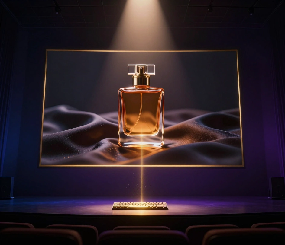 A grand floating screen premiering a 4K brand film generated from one sentence — cinematic lighting and product close-ups glowing above the desk where the original prompt is still on screen