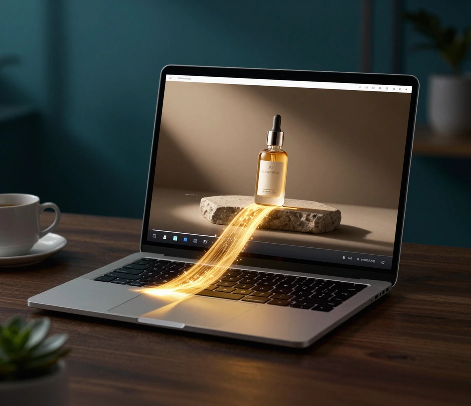 A marketing prompt being typed into the AI text to video generator while a cinematic 1080p brand clip takes shape on the preview screen beside it