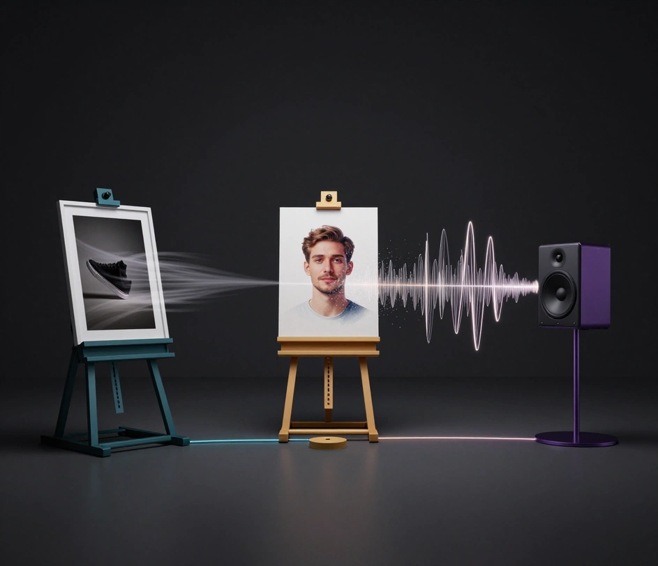 A row of connected tool stations — image to video, text to image, and text to music — feeding the same creative workflow as the AI text to video generator