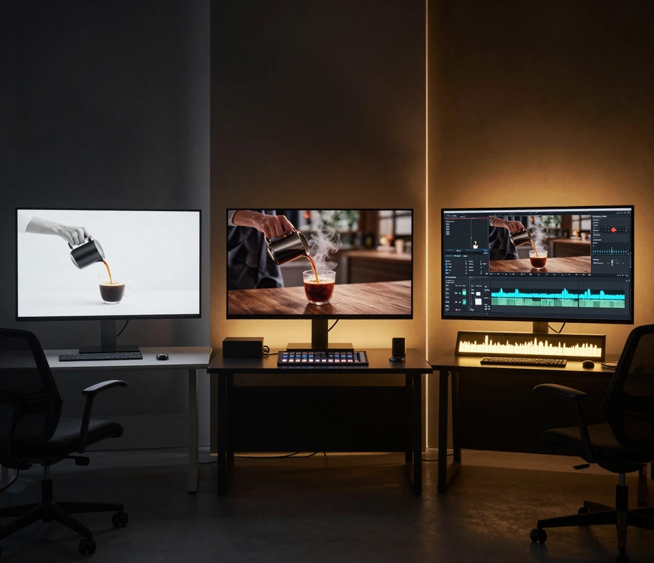 Three edit bays side by side — a quick 1080p social render, a 1080p campaign cut with a soundtrack dial, and a 4K master suite with audio locked on