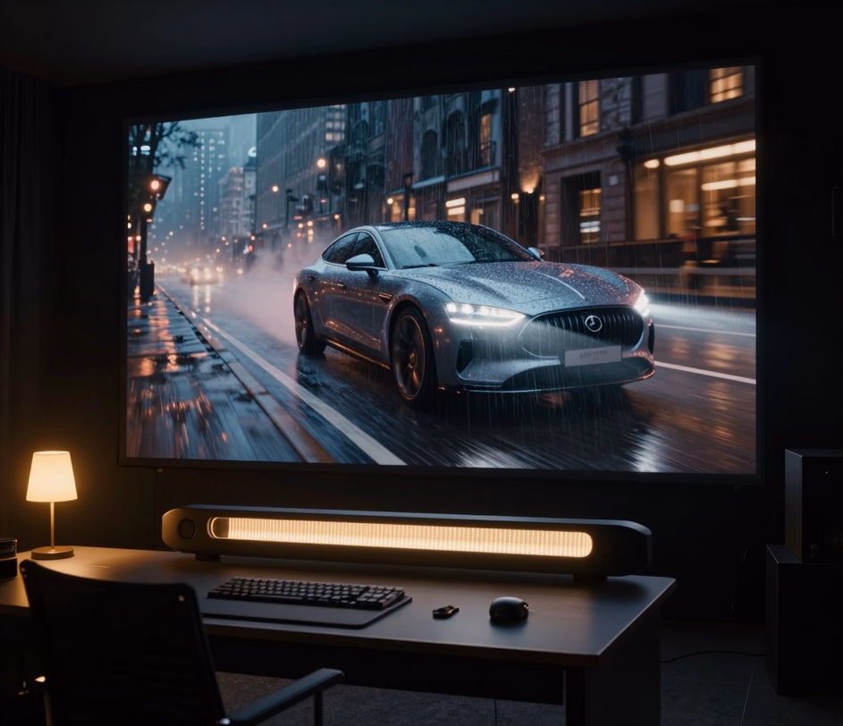 A 4K master edit bay playing an eight-second launch film with full audio — fine texture and filmic grading on a reference monitor