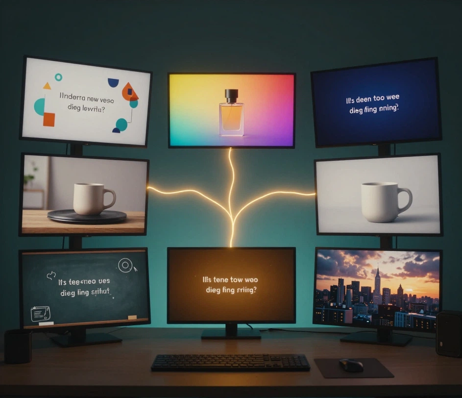Five screens orbiting the same typed sentence — an explainer animation, a scroll-stopping social clip, a product demo, a training video, and a concept pitch — each rendered from text by the AI text to video generator