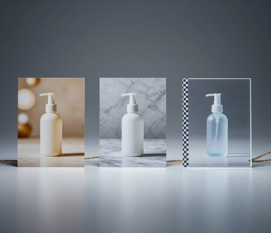 Tre miniaturemotiver forbundet med jutestreng på et køligt sølvgråt arbejdsbord — et varmt bokeh-sløret tryk, pumpeflasken på et marmori-studiobaggrund og et friskåret gennemsigtigt lag med en smal skakbræt-loppe