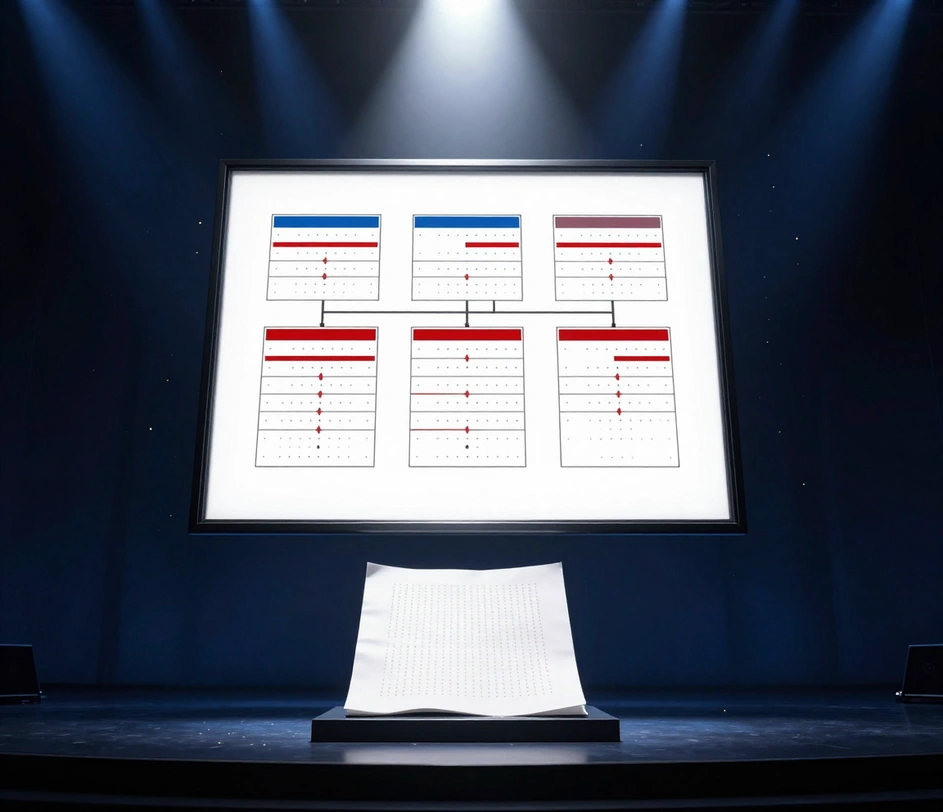 A spotlight revealing a framed finished UML class diagram illustration with class boxes and inheritance connectors above its humble dash-glyph source sheet on a pedestal, golden shimmer drifting around the dark stage