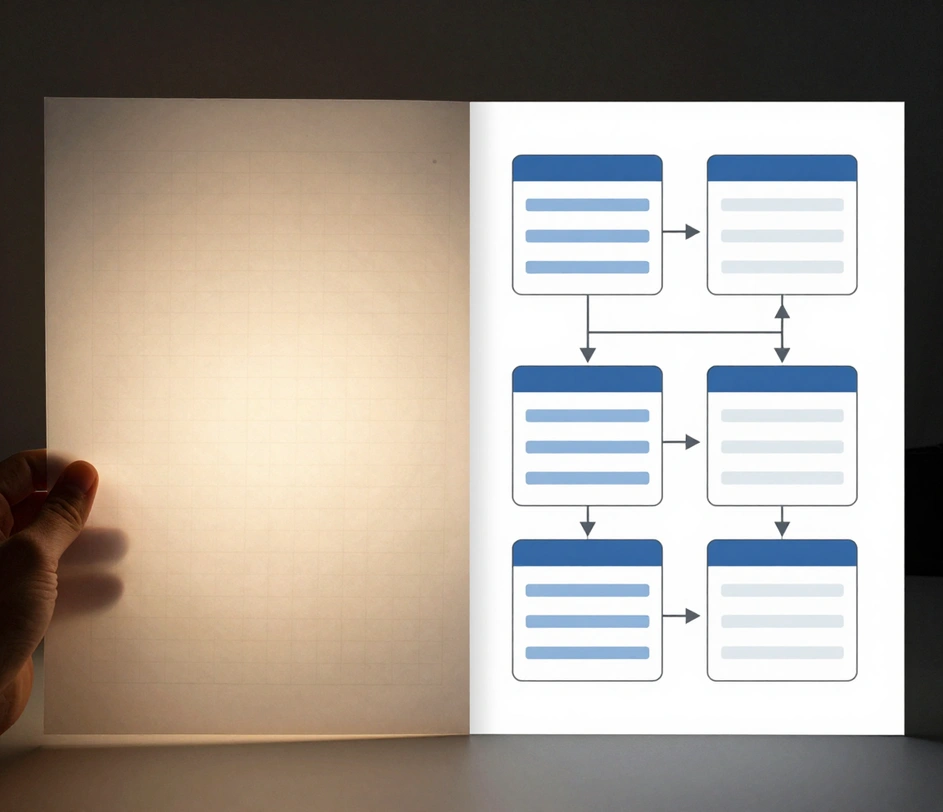A side-by-side comparison with a hand holding a warm-lit sheet of frosted tracing paper showing only faint empty ruled lines on the left and the same class structure reborn as a crisp cold-lit UML class diagram print with class boxes and hollow triangle inheritance connectors on the right