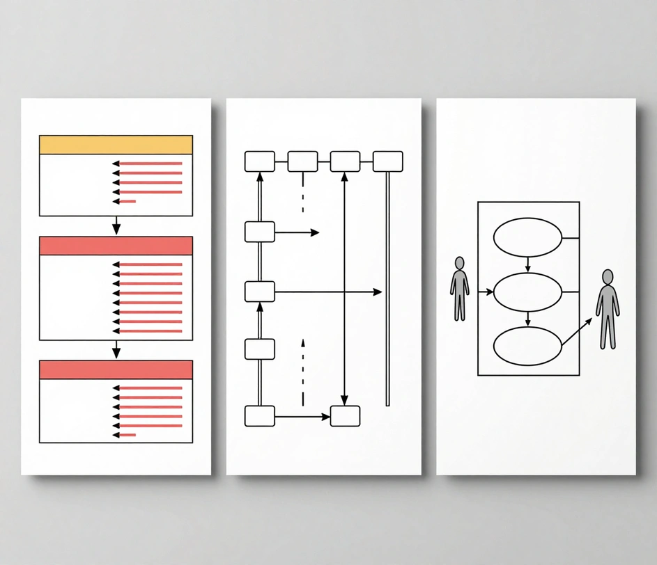 A triptych of three wordless UML diagram prints on a studio desk — a class diagram with three-compartment boxes, a sequence diagram with vertical lifelines and numbered message arrows, and a use case diagram with an actor figure and oval use cases
