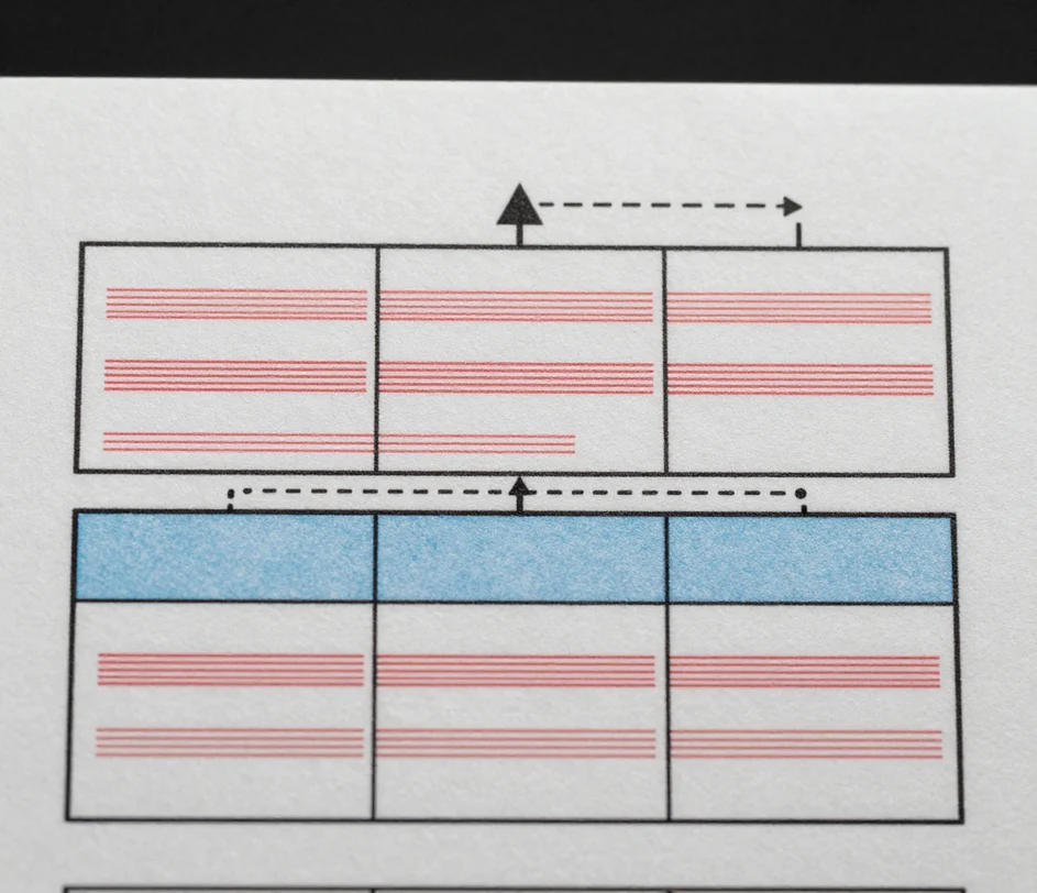 An extreme macro of a printed UML class diagram showing two class boxes filled with uniform redaction-strip attribute rows, joined by a straight connector that ends in a hollow triangle inheritance symbol on one side and crisp multiplicity labels on the other