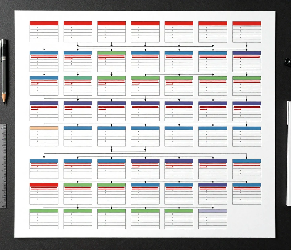 A top-down view of an oversized print holding a 40-plus class UML diagram arranged in steady rows and columns, each class box showing a plain header band and redaction-strip attribute rows, connected by traceable inheritance lines across the sheet