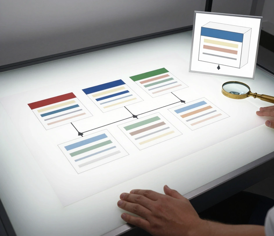 A large-format UML class diagram print on a glowing light table with a floating detail crop revealing razor-sharp plain color header strips, solid bar rows, and a hollow triangle arrowhead at extreme zoom beside a brass loupe, conveying 4K-class PNG export resolution