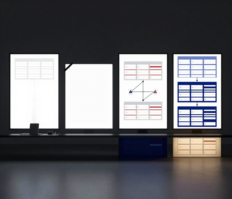A four-pillar feature gallery on a dark studio desk showing text-to-diagram speed with a particle-fed framed print, a torn source-code page transforming into a UML illustration, a macro of two class boxes joined by an inheritance connector, and the same class map rendered in clean, blueprint, dark, and hand-drawn styles