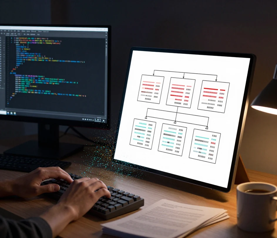 A software engineer typing a class description on a blank-keycap keyboard at night while a cyan particle stream flows from the terminal glow into a framed UML class diagram illustration with rectangular class boxes, redaction-strip attribute rows, and inheritance connectors under a warm desk lamp