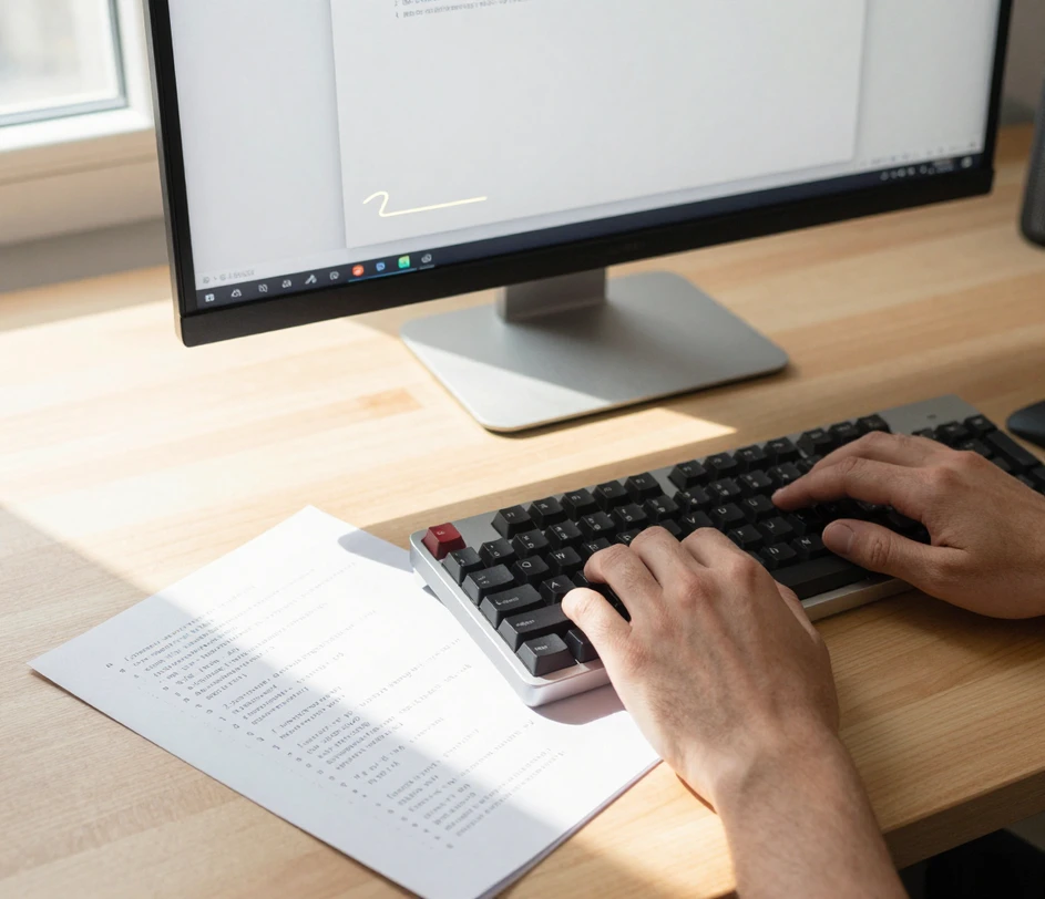 A close-up of hands preparing input in warm morning light: the right hand typing on blank-keycap keys while the left lays down a printed source-code page of uniform dash glyphs beside an empty glowing input frame on the monitor