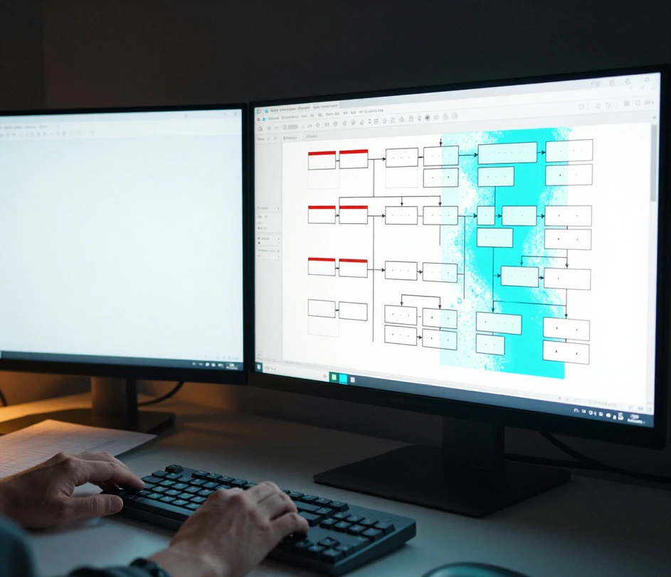 A night dual-display setup where the left half of a UML class diagram renders fully with class boxes and inheritance connectors while the right half is still cyan particle energy, a four-swatch style strip glowing along the screen bottom
