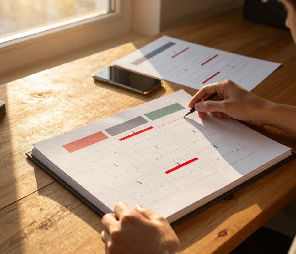 A golden-hour desk where hands slide a finished large-format UML class diagram print with redaction-strip attribute rows into an open design-document binder, a blank-screen smartphone resting beside a second copy of the print