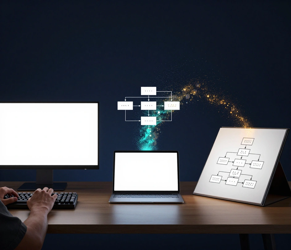 A three-step creation journey across a developer desk: hands typing a class description on a blank-keycap keyboard, a tablet streaming cyan and amber particles into a half-formed UML class diagram, and the finished print sliding into a design-document binder