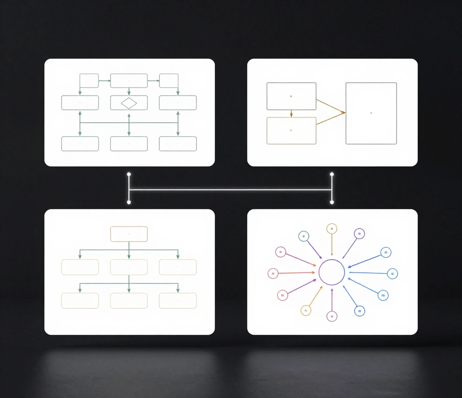 A product gallery of four wordless diagram modules on floating white cards — a flowchart with decision diamonds, an ER diagram with crow's foot connectors, a four-tier org chart, and a radial mind map — linked by glowing threads on a dark plane