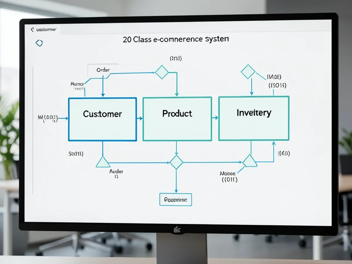 UML třídní diagram pro e-commerce systém s 20 třídami zobrazující třídy Customer, Order, Product a Inventory s vztahy dědičnosti, kompozice a asociace vykreslenými jako popsané spojovací čáry s násobností