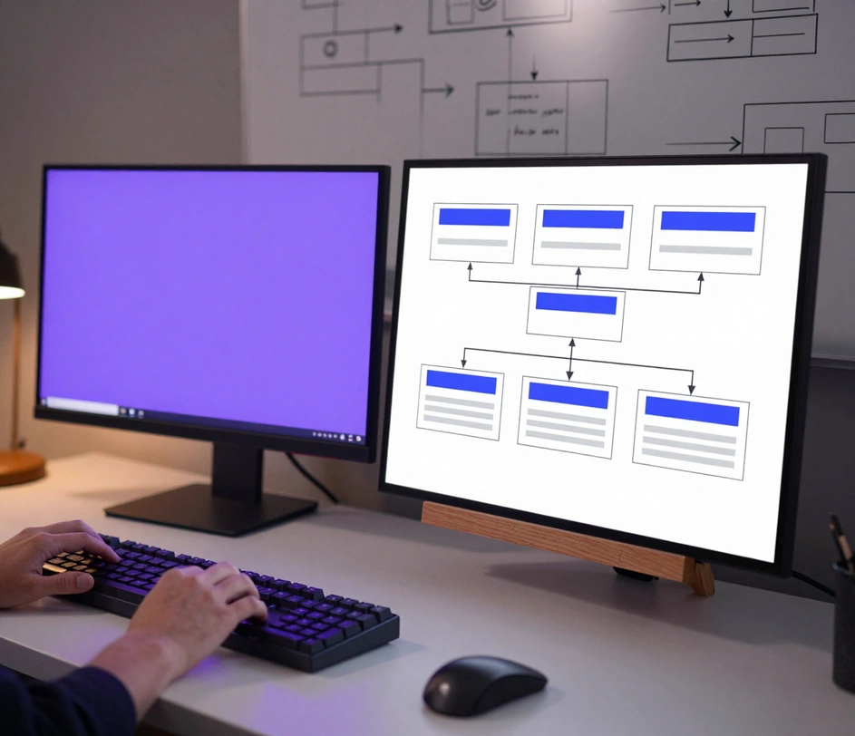 A software architect typing on a blank-keycap keyboard beside a completely blank glowing monitor while a framed UML class diagram print with eight three-compartment class boxes and inheritance connectors stands on a desk easel, a whiteboard draft soft-focus behind
