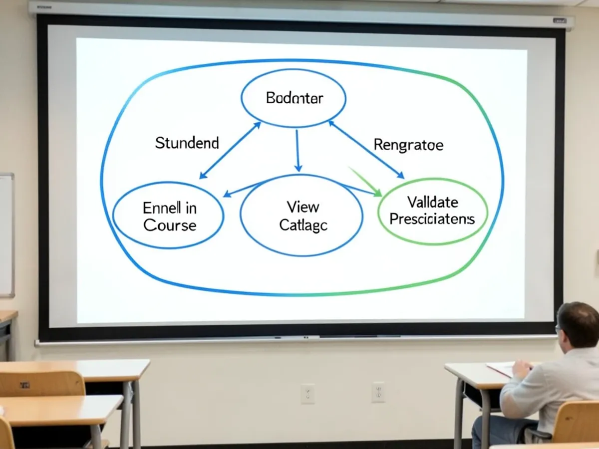 UML diagram případů užití zobrazující aktéry Student a Registrátor propojené s případy užití Zapsat se do kurzu, Zobrazit katalog a Ověřit předpoklady s asociačními čarami a notací hranice systému