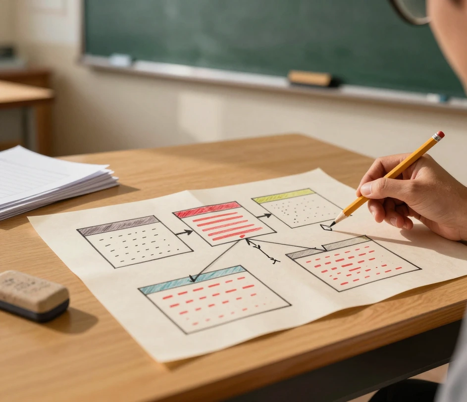 A warm classroom desk where an instructor points a pencil at a hand-drawn three-class Student-Registration-Course UML diagram on cream paper with soft ink header strips and hand-inked inheritance arrowheads, blank handout copies stacked beside a clean chalkboard